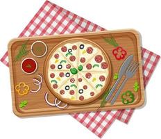 Top view of cheese pizza on a wooden tray vector