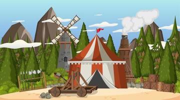 Medieval town scene camp with tents and mountain vector