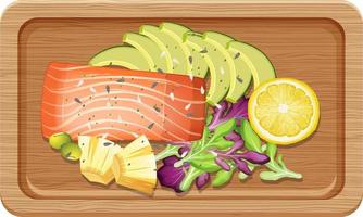 Top view of salmon steak on a wooden tray vector