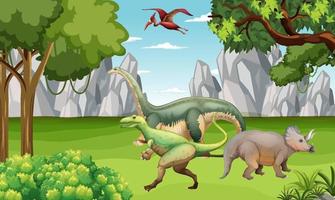 escena de la naturaleza con árboles en las montañas con dinosaurio vector