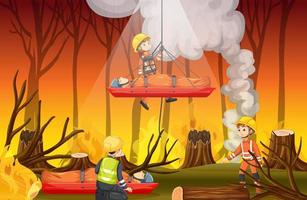 Wildfire scene with firerman rescue in cartoon style vector