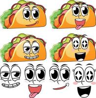 Set of facial expression vintage style cartoon with taco on white background vector