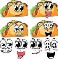 conjunto de dibujos animados de estilo vintage de expresión facial con taco sobre fondo blanco vector