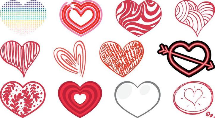 Different style of hearts isolated on white background