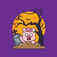 Cute zombie pig rise from graveyard in halloween day vector