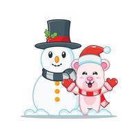 lindo personaje de dibujos animados de oso polar con muñeco de nieve vector