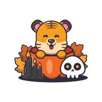 Cute tiger cartoon character in halloween pumpkin vector