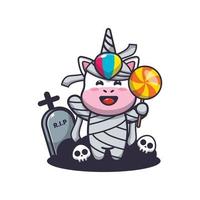 Cute unicorn with mummy costume holding halloween candy vector