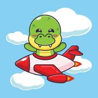 cute dino mascot cartoon character ride on plane jet vector