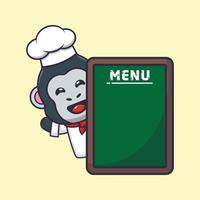lindo gorila chef mascota personaje de dibujos animados con tablero de menú vector