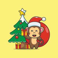 Cute monkey carrying christmas gift box with bag vector