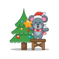 Cute mouse cartoon character taking star from christmas tree vector