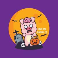 lindo personaje de dibujos animados de cerdo zombie quiere dulces vector