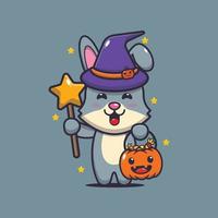 lindo personaje de dibujos animados de conejo con disfraz de bruja en el día de halloween vector