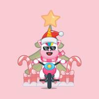 lindo unicornio llevando regalo de navidad con motocicleta vector