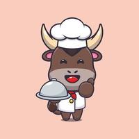 lindo personaje de dibujos animados de la mascota del chef toro con plato vector