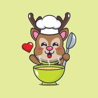 lindo personaje de dibujos animados de la mascota del chef ciervo con sopa vector