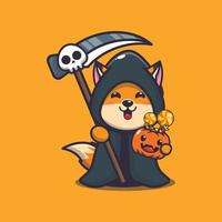 Cute fox wearing grim reaper costume holding scythe and halloween pumpkin vector