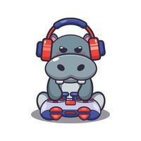 Cute hippo play a game cartoon vector illustration