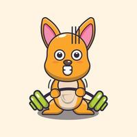 Cute kangaroo lifting barbell cartoon vector illustration