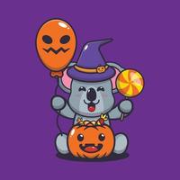 lindo koala con sombrero de bruja sosteniendo globos y dulces de halloween vector