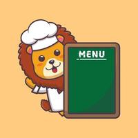 lindo personaje de dibujos animados de la mascota del chef león con tablero de menú vector