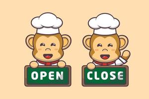 cute monkey chef mascot cartoon character with open and close board vector