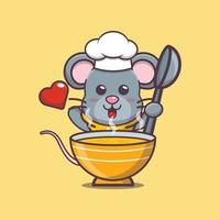 Cute mouse chef mascota personaje de dibujos animados con sopa vector