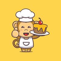 lindo mono chef mascota personaje de dibujos animados con pastel vector