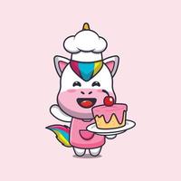 lindo personaje de dibujos animados de la mascota del chef unicornio con pastel vector