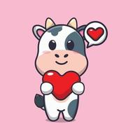 lindo personaje de dibujos animados de vaca con corazón de amor vector