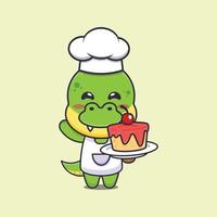 lindo personaje de dibujos animados de la mascota del chef dino con pastel vector
