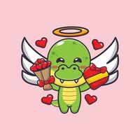 cute dino cupid cartoon character holding love gift and love bouquet vector