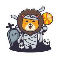 Cute lion with mummy costume holding halloween candy vector