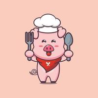 lindo personaje de dibujos animados de la mascota del chef de cerdo con cuchara y tenedor vector