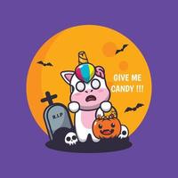 lindo personaje de dibujos animados de unicornio zombie quiere dulces vector