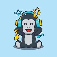 lindo gorila escuchando música con ilustración de vector de dibujos animados de auriculares