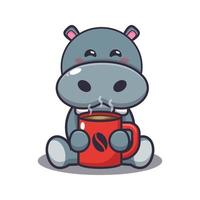 Cute hippo with hot coffee cartoon vector illustration