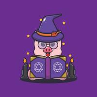 Cute pig witch read a spell from spell book vector