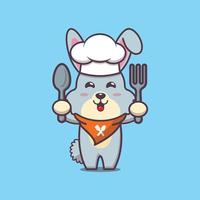 lindo conejo chef mascota personaje de dibujos animados con cuchara y tenedor vector