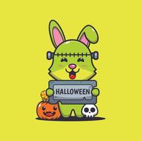lindo personaje de dibujos animados de conejo zombie con piedra de saludo de halloween vector