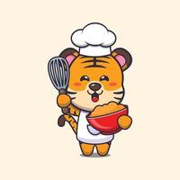 lindo tigre chef mascota personaje de dibujos animados con masa de pastel vector