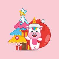 Cute unicorn carrying christmas gift box with bag vector