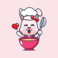 lindo conejito chef mascota personaje de dibujos animados con sopa vector