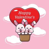 cute bunny cartoon character fly with air balloon in valentines day vector