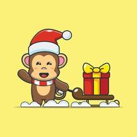 lindo personaje de dibujos animados de mono con caja de regalo de navidad vector