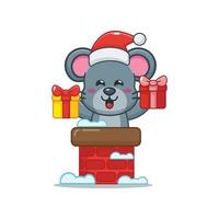 lindo personaje de dibujos animados de ratón con gorro de Papá Noel en la chimenea vector