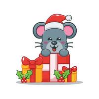 lindo ratón feliz con regalo de navidad vector