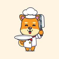 lindo shiba inu perro chef mascota personaje de dibujos animados con cuchillo y plato vector