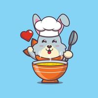 lindo personaje de dibujos animados de conejo chef mascota con sopa vector